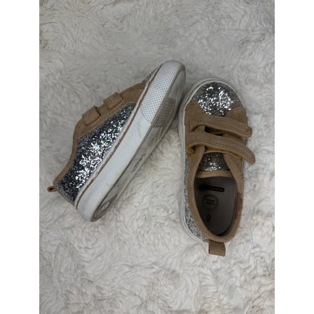 Wonder Nation Girls Glitter Sneakers Size 8 Silver Sparkle Hook & Loop Shoes